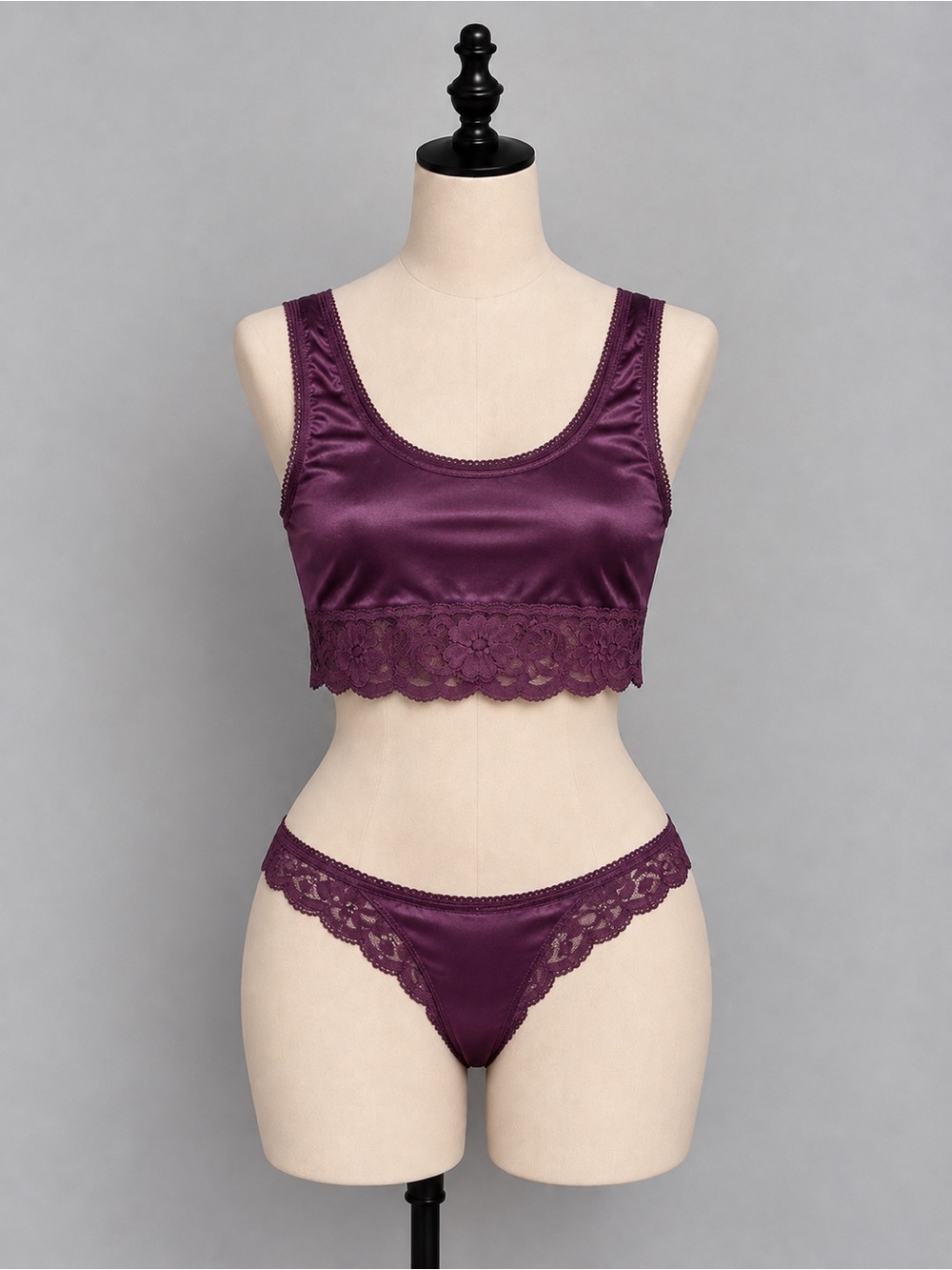 Vintage Jessica Satin-Look Lace Bralette in Plum